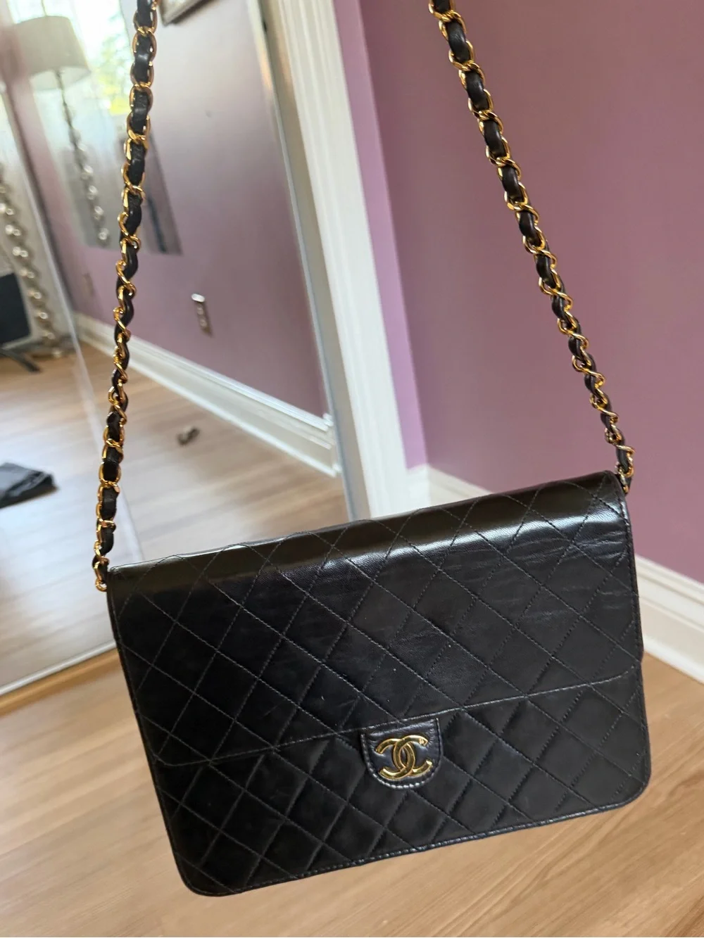 CHANEL Black Quilted Lambskin monoflap with Gold CC Emblem